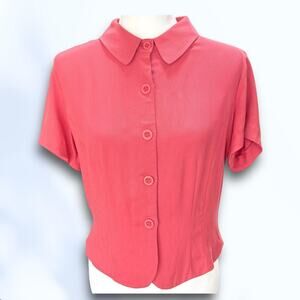 Vintage Casual Corner 100% Silk Pink Coral Blouse Button Up 90s Minimalist S EUC